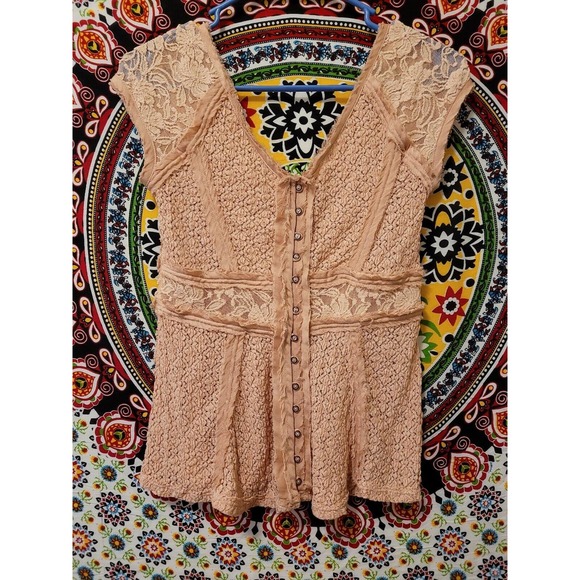 Free People Boho Peach Small Sleeveless Lace Blouse Button Back Urban Outfitters - Picture 7 of 14